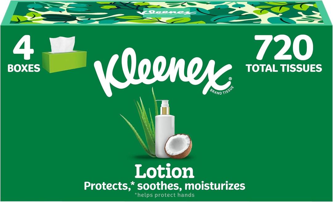 Kleenex Lotion Facial Tissues with Coconut Oil, 4 Flat Boxes, 180 Tissues Per Box, 3-Ply