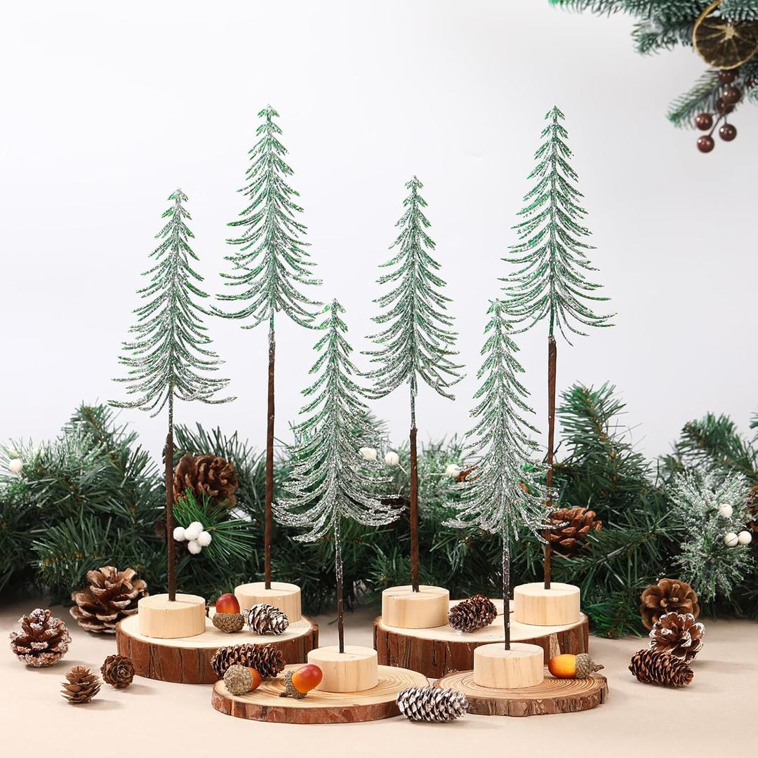 Jetec 6 Pcs Mini Christmas Tree Small Alpine Trees Tabletop Artificial Pine Christmas Tree with Wooden Base Snow Frost Village Bottle Brush Trees Holiday Season Decoration Centerpiece Displays(Green)