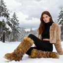 ZJGZF Brown Faux Fur Boots for Women Fuzzy Fluffy Furry Boots Winter Snow Boot Tall Cute Comfort Warm Shoes Soft Wide Calf Knee High Boot 42