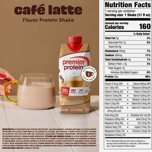 Premier Protein® CAFÉ LATTE HIGH PROTEIN SHAKE MATURALLY & ARTIFICIALLY FLAVORED 12 - 11.5 FL OZ (340mL) SHAKES NET 1.07 GAL. (4.08L), BB 04 JAN 2027