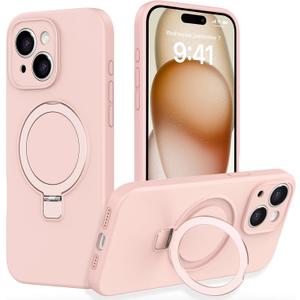 with Magnetic Invisible Stand Phone Case for iPhone 15 6.1 inches, Silicone Compatible with Magsafe Military Grade Full Camera Protection Phone Covers for Women Men(Pink)
