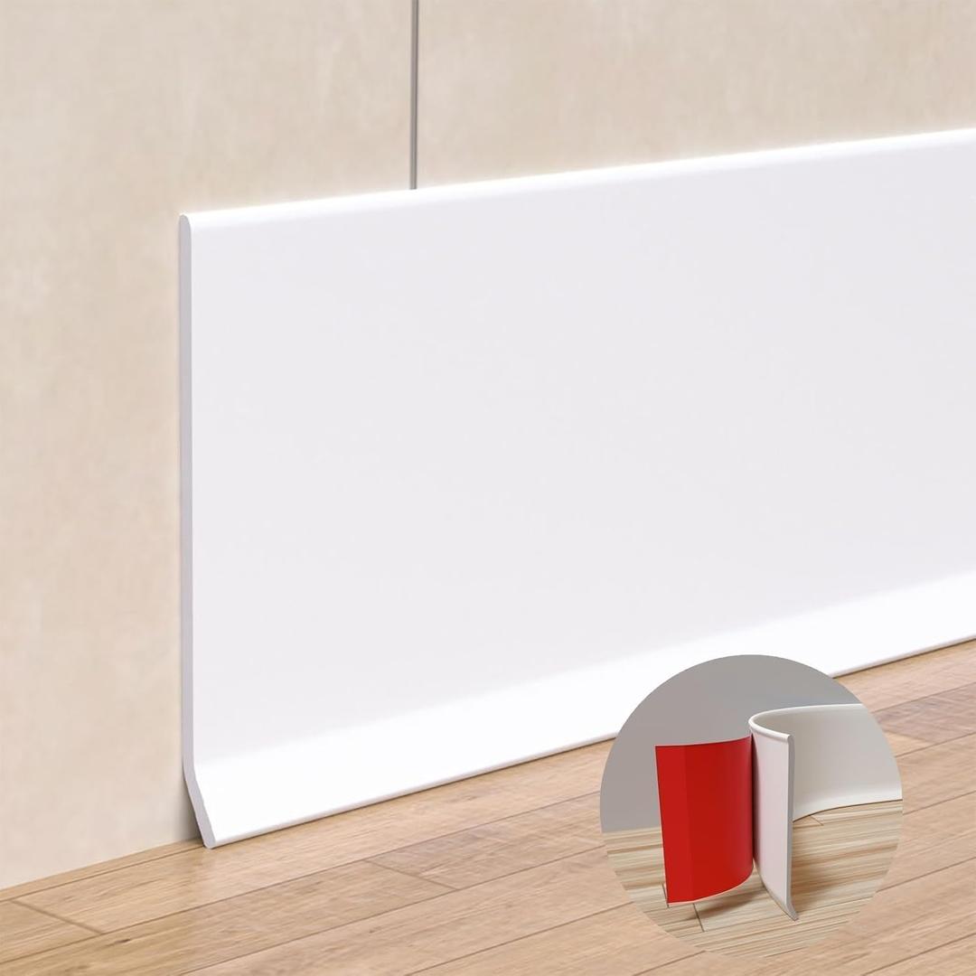 Peel and Stick Baseboard Trim, 4 Inch Rubber Baseboard Vinyl Wall Base, Flexible Baseboard Molding Trim, Adhesive Baseboard Trim Rubber Cove Base(20Ft, White)