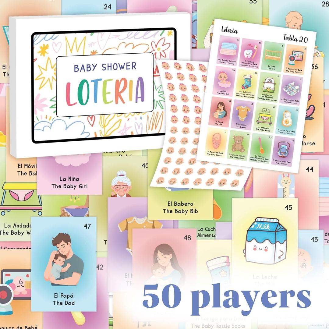 Baby Shower Loteria Bilingual - Baby Shower Games for Girls and Boys, Funny Party Bingo Game Loteria Cards in Spanish and English for 50 Players