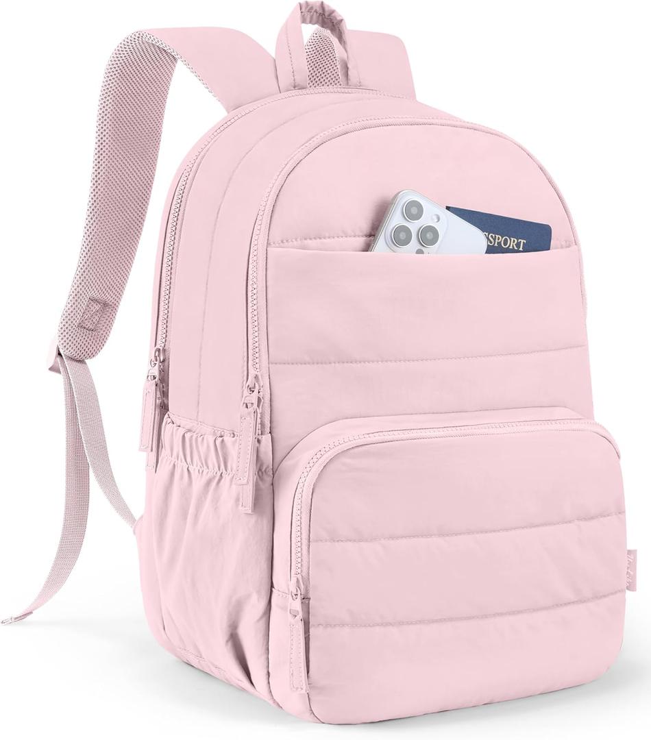 Uselike Travel Backpack for Women, 15.6 Inch Laptop Backpack, Quilted College Bookbag, Cute Work Backpacks, Water Resistant (Light Pink)