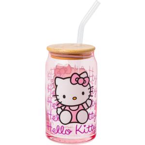 Silver Buffalo Sanrio Hello Kitty Waving Pink Glass Jar Tumbler with Bamboo Lid and Glass Straw, 16 Ounces