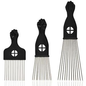 3-Piece Stainless Steel Afro Hair Pick Set, Fist Design for Men & Women, Perfect for Natural Curly Afro Hair, Essential Hairdressing Styling Tool