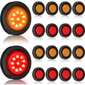 Treela 16 Pcs 2 Inch LED Marker Lights Waterproof Sealed 10 LEDs Round Trailer Light with Rubber Flush Mount Grommet 2 Prong Wire Pigtails for RV Truck Semi Trailer Side Tail Lights, Red and Amber