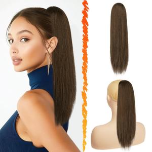 BARSDAR Ponytail Extension - 16 Inch Short Straight Drawstring Ponytail Hair Extensions for Women, Soft Synthetic Clip in Pony Tails Hairpieces Fake Ponytail Daily - Chocolate Brown Mixed