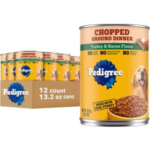 Pedigree Chopped Ground Dinner Adult Soft Wet Dog Food Turkey & Bacon Dinner, Canned Dog Food, 13.2 oz. Cans, 12 Count (EXP 04/13/28)