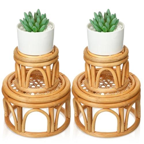 Wenqik 4 Pcs Boho Rattan Plant Stand Woven Wicker Round Riser Stand Indoor Rustic Farmhouse Natural Circle Plant Pedestal Round Accent Centerpiece for Home Kitchen Office Display, 2 Size