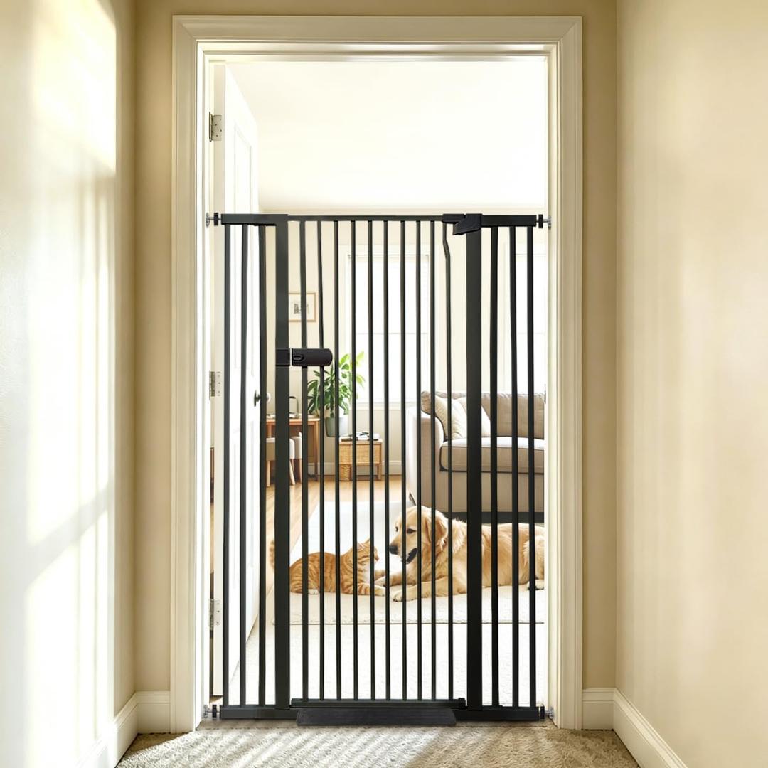 Lumizone Extra Tall Cat Gate 55.12" High 29.92"-42.51" Wide Pet Gate Black | Dog Gate for Doorway Hallway Stairs Pressure Mounted Extra Wide 1.37" Gap No Drilling Auto-Close One-Handed Operation