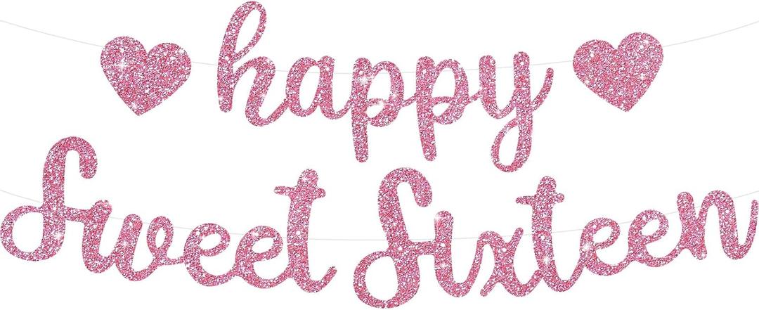 BEISHIDA Pink Glitter Happy Sweet 16 Birthday Banner, Pre-Strung Glitter Happy 16 Birthday Decoration for GirlsHappy 16th Birthday Sign for Women, Girls