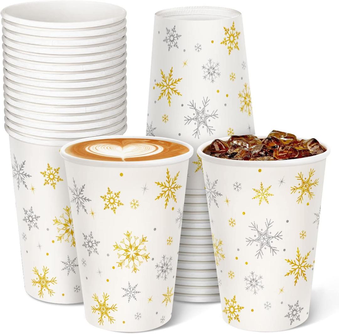 30 Pieces Christmas Paper Cups Snowflakes, Disposable Cups for Winter Party Supplies and Daily Use, Christmas Party Cups for Hot and Cold Beverages, White 12 Ounce