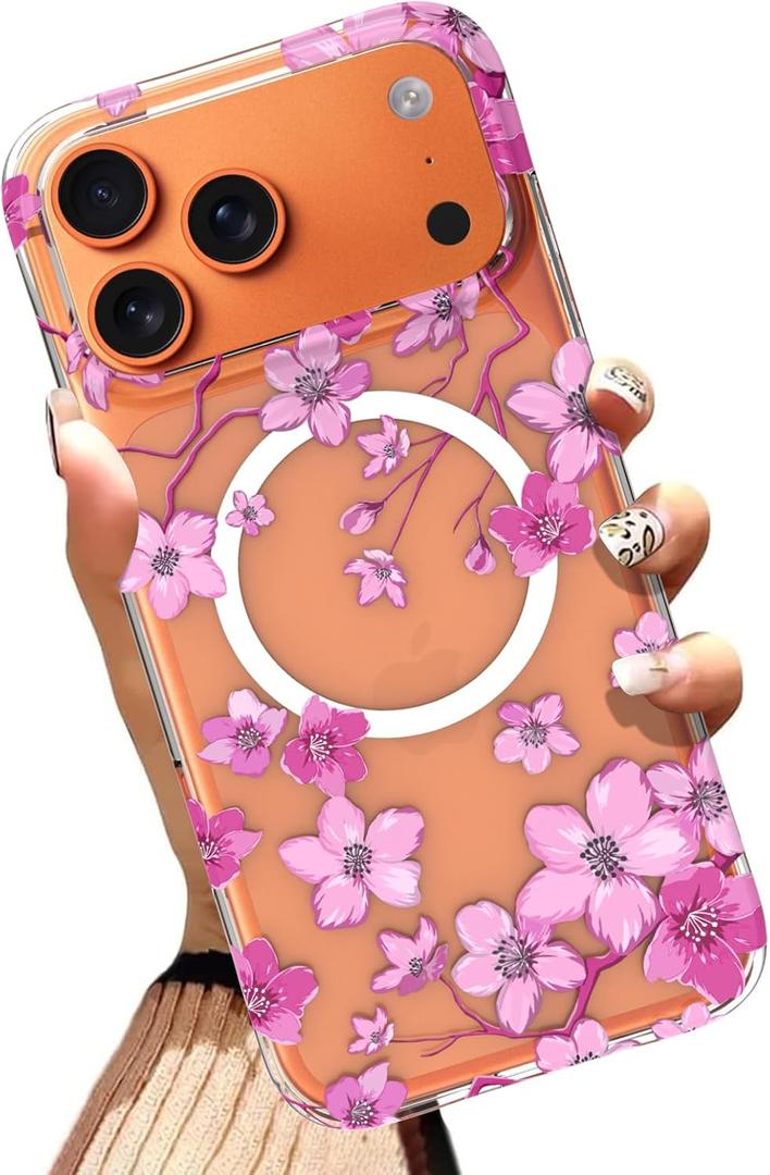 AIGOMARA Phone Case Made for iPhone 17 Pro 6.3 Inch [Compatible with MagSafe] Pink Floral Flowers Design Soft TPU and Hard PC Clear Case Shockproof Anti-Scratch Phone Cover for Women