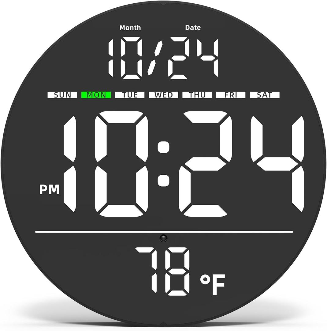 Digital Wall Clock with Large LED Display, Date, Temperature, Auto-Brightness | Small [PLUG-IN] Clock | Modern Electric Wall Clock for Bedroom, Classroom, Living Room, Home, Office, Farmhouse  White
