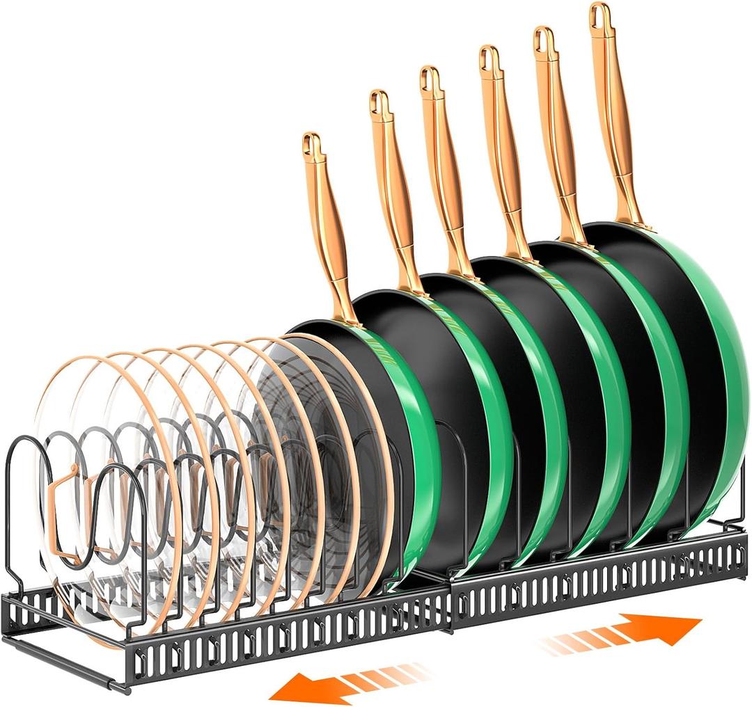 MUDEELA Pots and Pans Organizer Rack for under Cabinet, Expandable Pot Lid Kitchen Cabinet Organizer Holder with 14 Adjustable Compartment Cutting Board Organizer for Pan Lid, Bakeware
