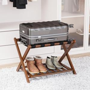 Walnut Bamboo Luggage Rack with Shoe Shelf, Folding Suitcase Stand with 5 Heavy-Duty Straps, Large Wooden Luggage Holders for Guest Room, Ideal for Bedroom, Hotel