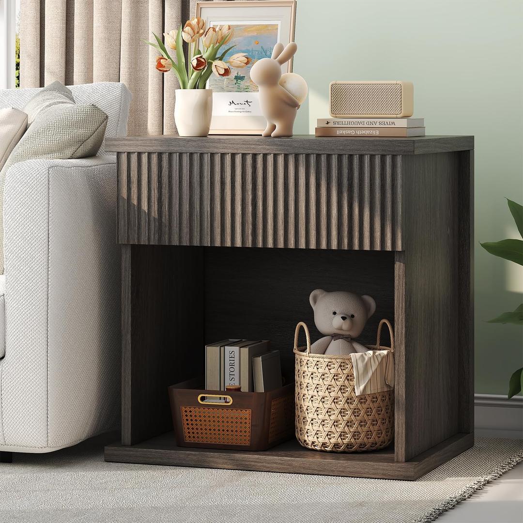 Fluted Nightstand, 22.8" Wide Nightstands with Drawer Storage Large Wood BedsideTable Night Stand for Bedroom, Grey Oak (1pc)