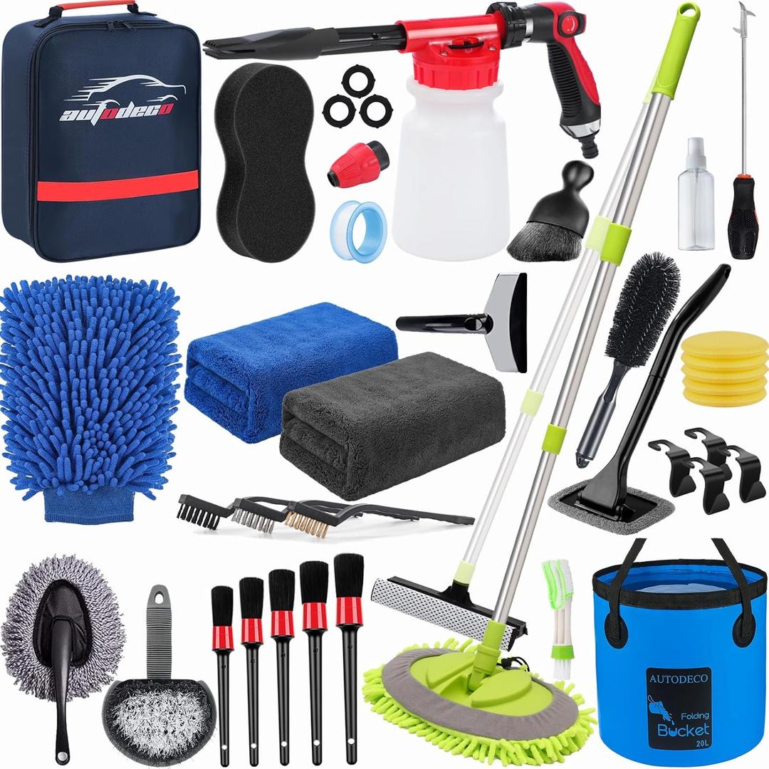 AUTODECO 42Pcs Car Wash Detailing Kit Cleaning Kits with Foam Gun Sprayer Wash Brush with Long Handle Collapsible Bucket Large Wash Mitt Towels Complete Interior Exterior Car Washing Supply Set Blue