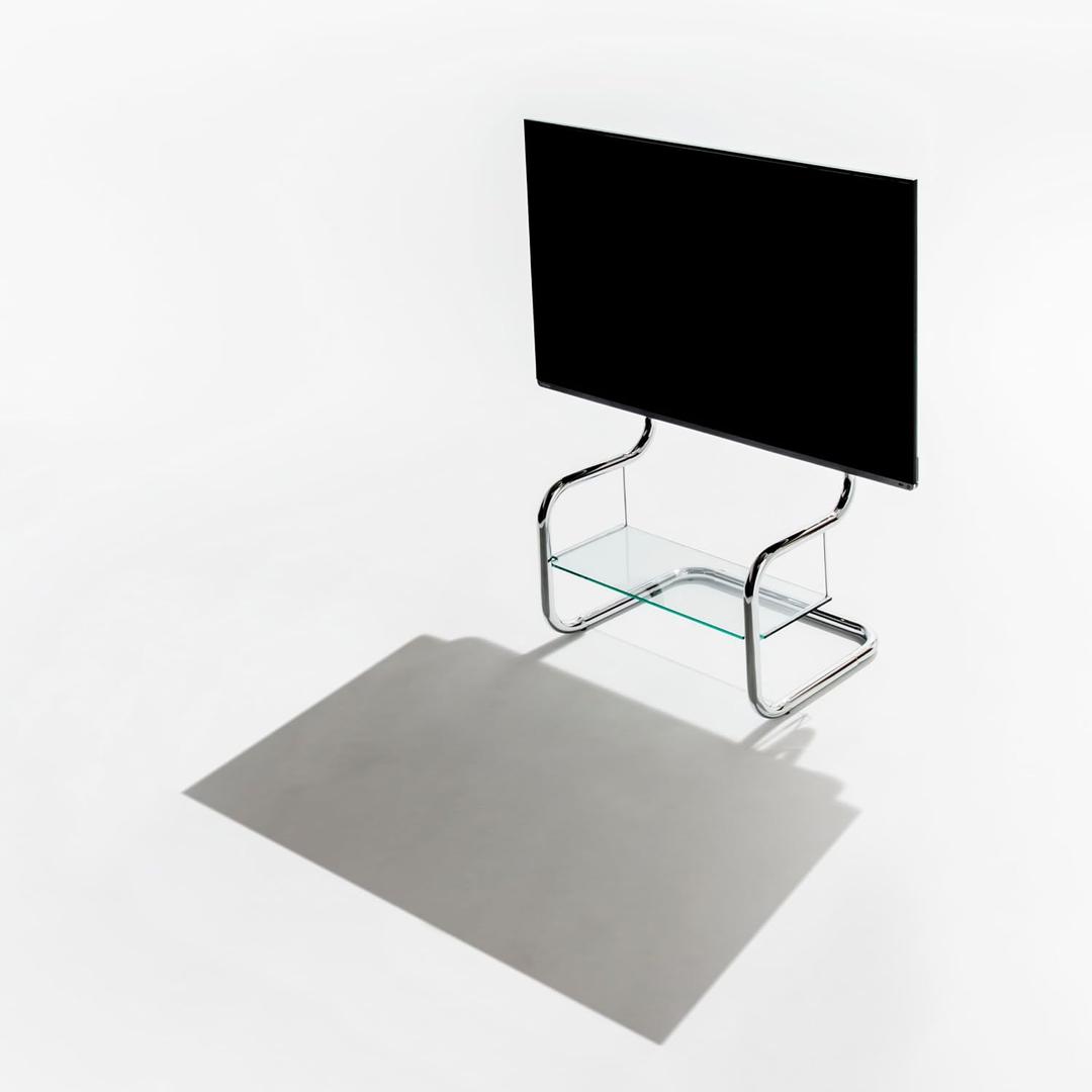 zeitgeist TV Stand Modern Minimalist Glass Shelf Floor Stand Metal up to 65 inch for Living Room Corner Height Adjustable Mount with HDMI, Antenna, Power Cables pre-Installed Chrome/Silver, 25.59 inches x 19.69 inches x 37.40 inches