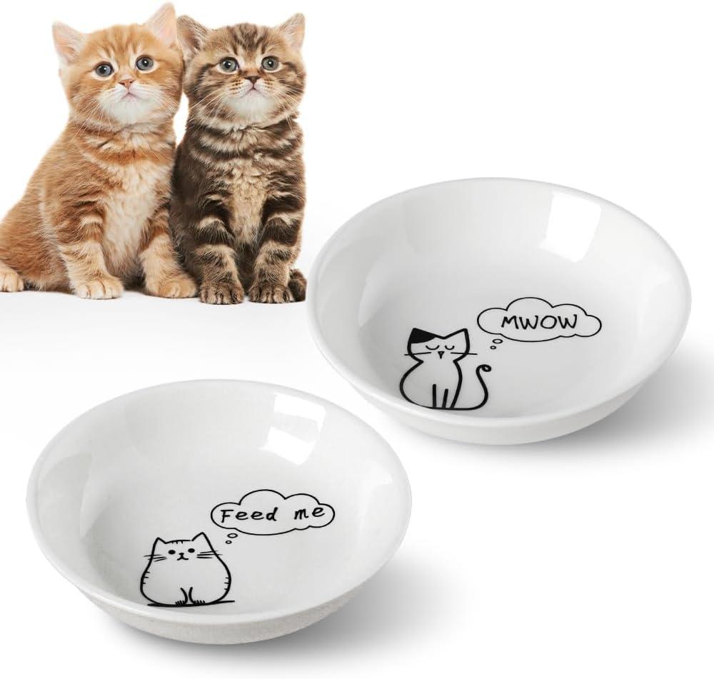 HAPPY KIT 2pcs Little Cat Bowls,5Inch Cat Food Bowl for Indoor Cats,Cute Kittens Plate/Dish/Dishes Set with Non-Slip Relief of Whisker Fatigue for Kitten - Microwave and Dishwasher Safe