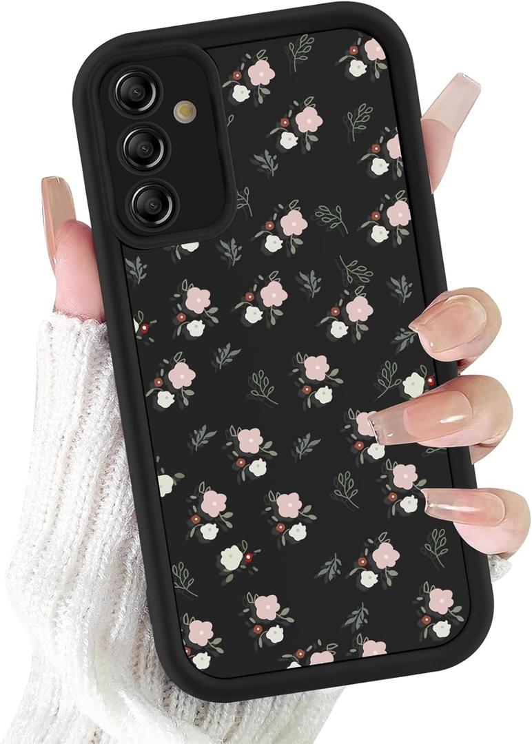 Cute Flower Case for Samsung Galaxy S25 5G 6.8'', Pink Flowers Floral Pattern Print Design Funda Aesthetic Slim Soft TPU Silicone Shockproof Full Camera Protective Cover for Women Girl - Black