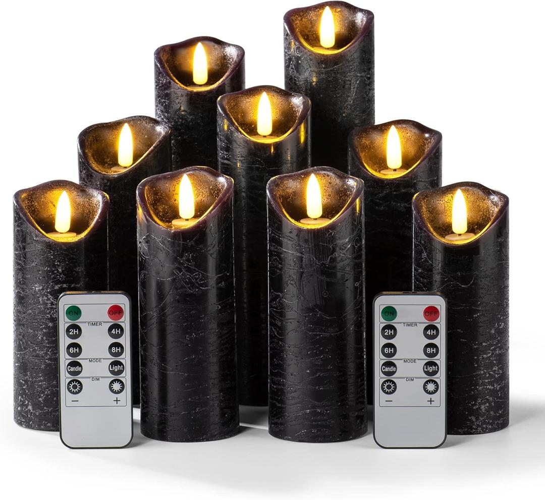 Hausware Set of 9 Flameless Candles Battery Operated LED Real Wax Flickering Electric Candles with Remote Control Timer for Wedding Birthday Halloween Christmas Decorations (Black Color)