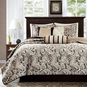 Madison Park Quilt Traditional Damask Design All Season, Lightweight Coverlet Bedspread Bedding Set, Matching Shams, Pillows, King/Cal King(104"x94"), Aubrey, Jacquard Paisley Black, 6 Piece