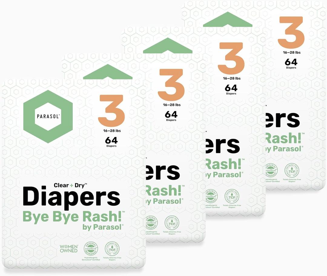 Parasol Clear+Dry Disposable Diapers, RashShield Protection and Leak-Control Fit, Hypoallergenic Diapers, Size 3 (16-28 lbs), 256 Count