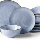 Famiware Dinnerware Sets for 4, Ocean Round 12-Piece Kitchen Plates and Bowls Sets, Reactive Glaze, Microwave and Dishwasher Safe, Scratch Resistant, Blue