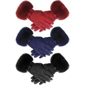 Shihanee 3 Pairs Women Winter Gloves with Fur Cuff Touchscreen Suede Red Black Blue Gloves Fleece Lined Bow Tied Cold Weather Warm Thermal for Texting Gifts Driving Running