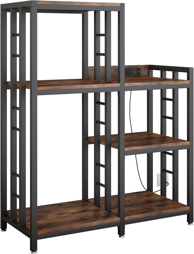 6-Tier Adjustable Mini Fridge Cabinet with Power Outlet,Kitchen Bakers Rack with Storage,Mini Fridge and Microwave Stand,Coffee Bar, Free Standing Shelf for Kitchen, Home Office,Rustic Brown