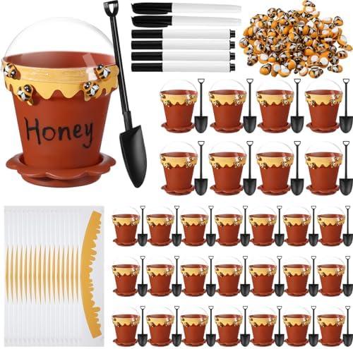 Jingmore 30 Sets Bee Honey Jars Party Favors Bulk, Mini Plastic Bee Theme Honey Jar Pots Decoration with Lids, Dippers and Saucers for DIY Cupcake Dessert Baby Shower Wedding Party Gift Set (Brown) (Count Undetermined)