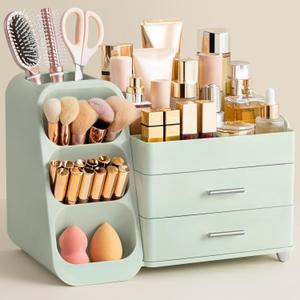 HBlife Makeup Organizer with Brush Holder for Vanity, Large Plastic Bathroom Countertop Organizer Skin Care Storage, Easy to Store Lipsticks, Nail Polishes, Perfumes, Eyeshadow Palettes, All Green