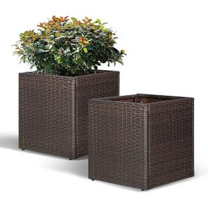 SUNNYPARK Set of 2 Large Square Planter with Removable Liner, All-Weather PE Rattan Modern Planters Indoor Outdoor Flower Plant Pots Garden Box Patio Yard Front Porch Deck