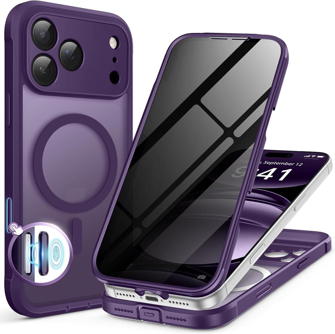 BERFY for iPhone 17 Pro Max Case, Compatible with MagSafe, Built-in Privacy Screen Protector and Camera Protection, Anti-Spy Full Body Shockproof Translucent Matte Phone Case for 17 Pro Max 6.9",Purple