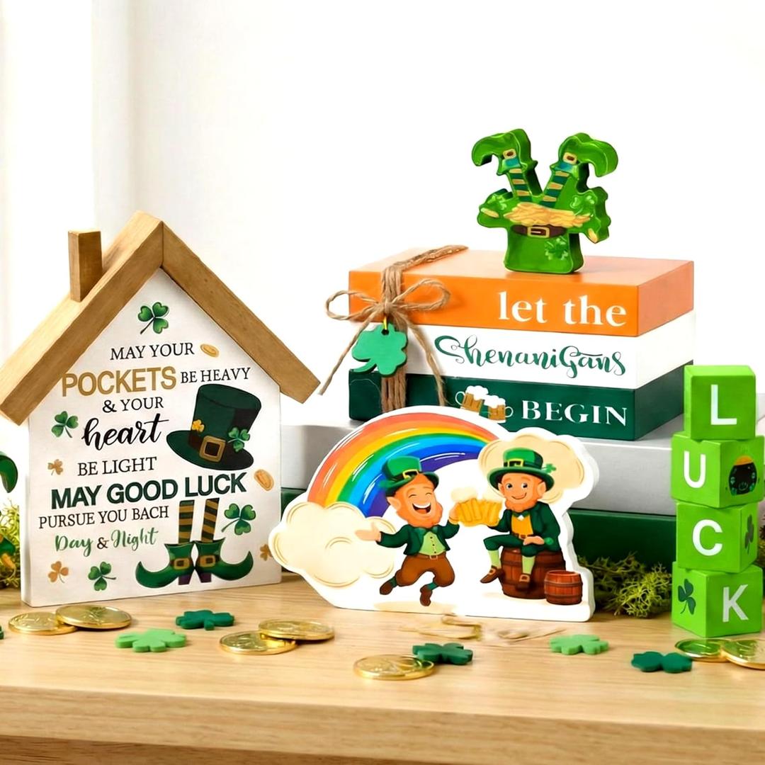 Thyle 10 Pcs St. Patrick's Day Table Sign Wooden Shamrock Lucky House Irish Lucky Block Book Stack Tiered Tray Table Centerpiece for Farmhouse Home Kitchen Party Decor(Let The Shenanigans Begin)