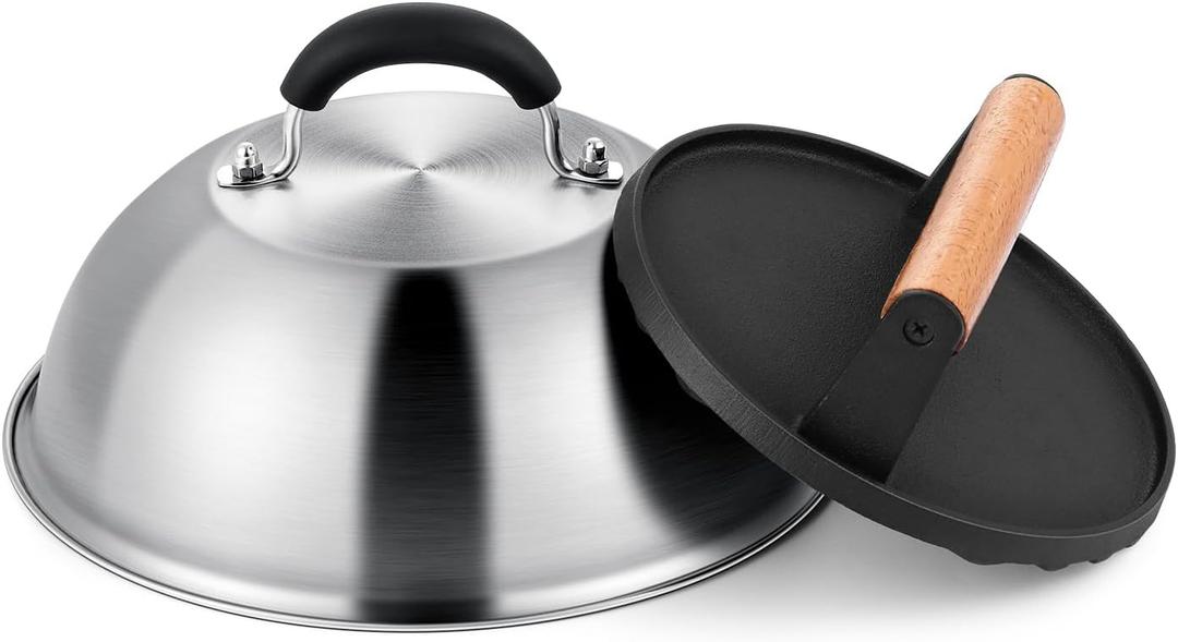 9 Inch Griddle Basting Cover & Burger Grill Press Kit, Joyfair Stainless Steel Cheese Melting Dome with Cast Iron Bacon Patty Press for Outdoor Flattop BBQ Grilling, Heavy Gauge Material (Round)