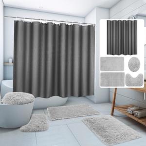 5 Pcs Bathroom Shower Set - Curtain and Rugs Waffle Textured Bath Mat Shower Curtain Set with 12 Hooks U Shape Rug Toilet Lid Cover for Home (Gray)