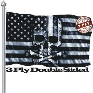 Skull And Crossbones Flag 3 X 5 Ft Outdoor, Double Sided Funny American Pirate Flag For Outside, 3Ply Black And White Grey American Skull Flags Banner With UV Fade Proof
