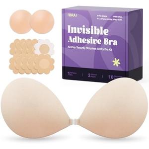 Invisible Strapless Sticky Bra Push up for Women, Ultra Adhesive Bra for Backless Dress, Cleavage Bra Lift Novelty Bras (D Cup, Light Beige)