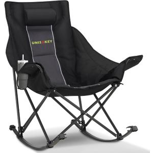 Oversized Rocking Camping Chair with Headrest & Cup Holder - 400lbs Capacity, 600D Oxford Fabric, Easy Fold Portable Outdoor Rocker Chair for Camping, Backyard, Beach, Deep Gray