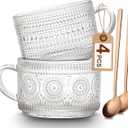 Mfacoy Vintage Coffee Mugs Set of 2, 14 oz Embossed Glass Cups with Handle, Clear Cups for Cappuccino, Latte, Cereal, Yogurt, Milk, Hot or Cold Beverages