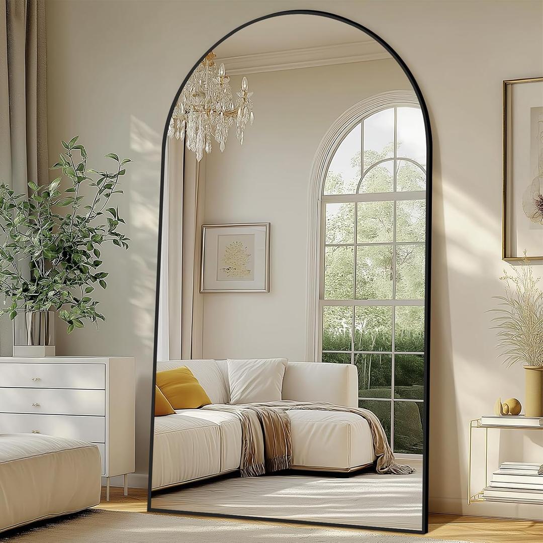 Large Standing Mirror Full Length, 82"X44" Oversized Arched Floor Mirror Black Full Length Mirror with Stand, Hanging or Wall Mounted for Bedroom Living Room Clothing Store Gym, Tempered Glass