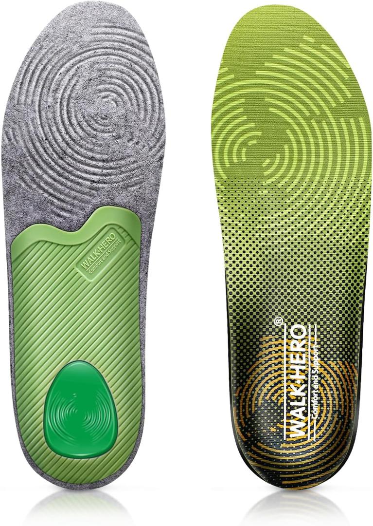 WalkHero Plantar Fasciitis Insoles - Medium Arch Support Inserts for Men & Women with Comfort Cushion | Orthotic Inserts to Relieve Foot Pain and Provide Shock Absorption (Green) Mens 11-11 1/2