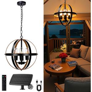 Solar Chandelier Outdoor, 4-Light 16" Farmhouse Globe Chandelier Waterproof Dimmable Hanging Pendant Lights for Gazebo, Pergola, Canopy, Porch, Patio Decor