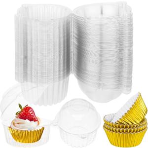 100 Sets Individual Cupcake Containers Single Cupcake Carrier with Lids Plastic Cake Holders and Gold Liners Stackable Deep Dome Bakery Supplies for Baking Transport Party Catering
