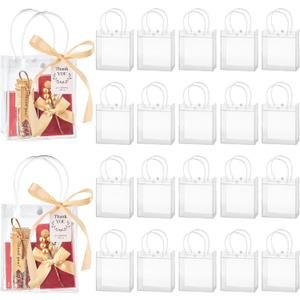 Mauproy 50 Pack Clear Plastic Gift Bags with Handles, Party Favor Bags with Ribbons and Tags, Reusable Goodie Tote Bags for Wedding Baby Shower Christmas (4.9" x 5.9" x 2.8")