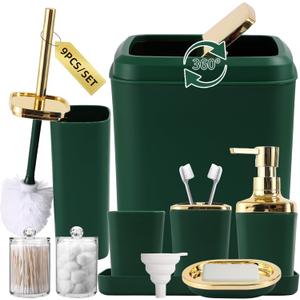 XLHOMO Bathroom Accessories Set, Green Bathroom Set, Dark Green Bathroom Accessory Set with Trash Can, Soap Dispenser, Soap Dish, Toothbrush Holder and Qtip Holders