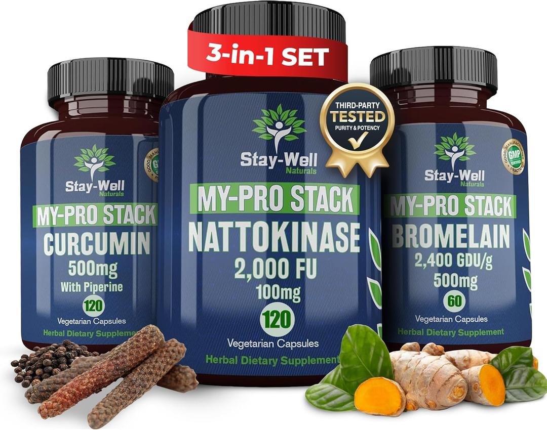 Spike Protein Supplement | Nattokinase 2000 FU 100mg, Bromelain 500mg, Curcumin 500 mg, 60 Day Supply | Full Protocol of Nattokinase Bromelain Curcumin (3 Bottle Set), Best By: Jan 2027